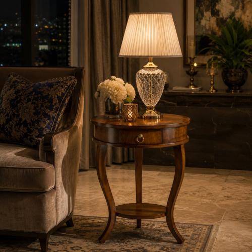 Luxury Round Wooden Side Table with Integrated Drawer and Lower Display Shelf Lifestyle View by Luxury Group International