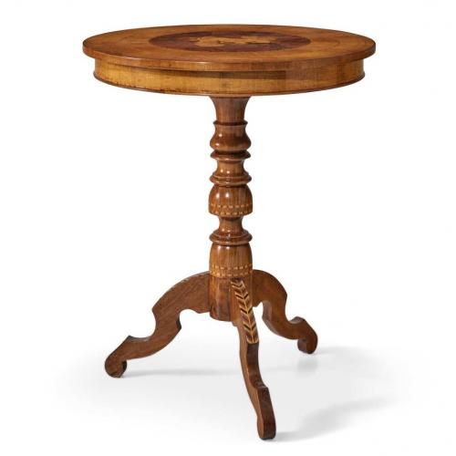 Luxury Round Wooden Side Table with Marquetry Inlay Top and Sculpted Pedestal Base Front View by Luxury Group International