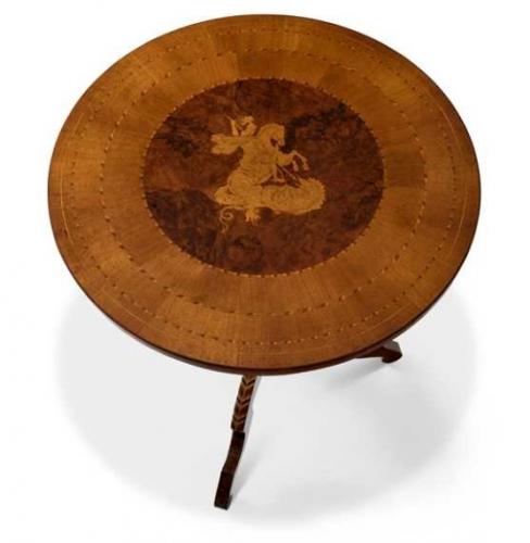 Luxury Round Wooden Side Table with Marquetry Inlay Top and Sculpted Pedestal Base Top View by Luxury Group International