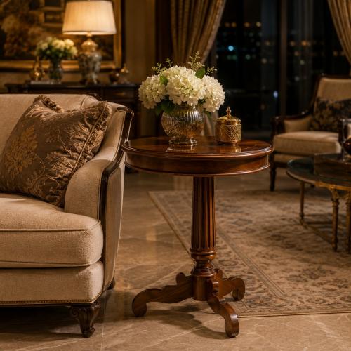 Luxury Round Wooden Side Table with Pedestal Base and Inlaid Veneer Top Lifestyle View by Luxury Group International
