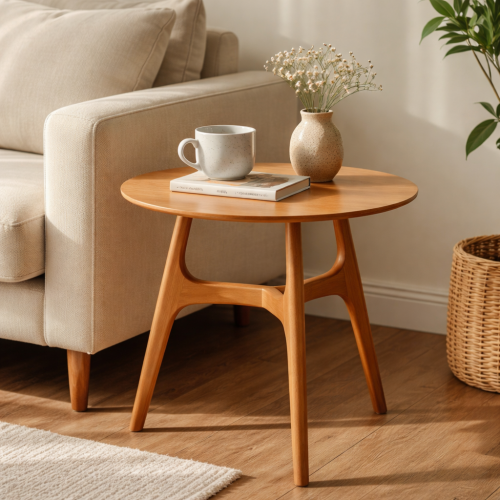 Luxury Round Wooden Side Table with Sculpted Open Frame Base in Natural Oak Finish by Luxury Group International