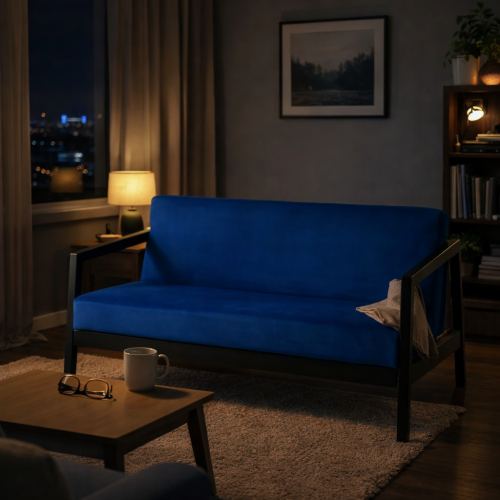 Luxury Royal Blue Velvet Upholstered Sofa with Black Linear Wood Frame – 2 Seater by Luxury Group International
