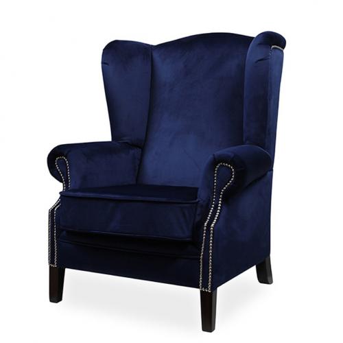 Luxury Royal Blue Velvet Wingback Armchair Sofa with Silver Nailhead Trim Detailing Front View by Luxury Group International
