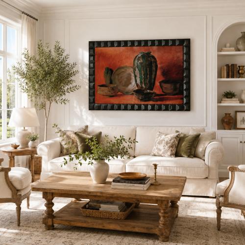 Luxuriöse rustikale Stillleben-Wandkunst auf Terrakotta-Braunem Leinwand mit Keramikvase von Luxury Group International