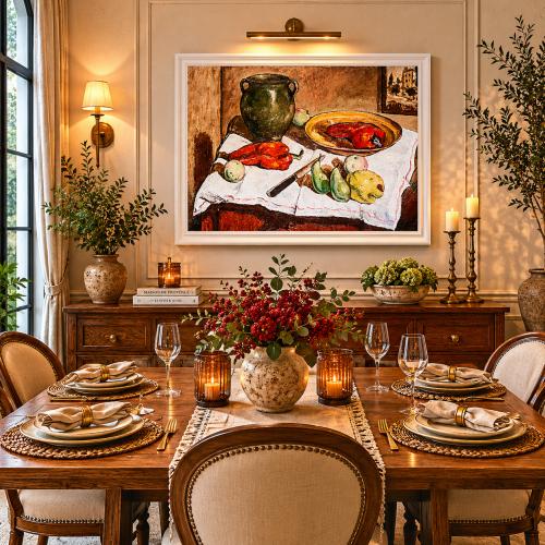 Luxuriöse Rustikale Stillleben-Wandkunst mit Vintage-Keramikvase und Fruchtkomposition von Luxury Group International