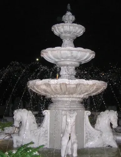 Luxury Sculpted Baroque Water Fountain with Tiered Bowls and Horse Motif Base - Baroque Fountain Detail View by Luxury Group International