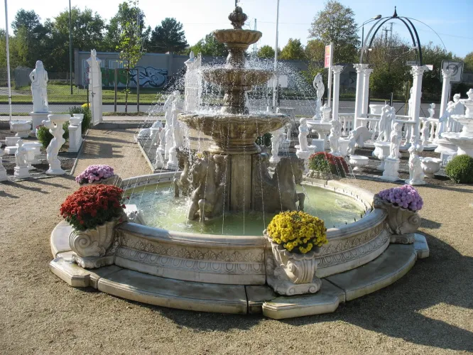 Luxury Sculpted Baroque Water Fountain with Tiered Bowls and Horse Motif Base - Baroque Fountain Front View by Luxury Group International