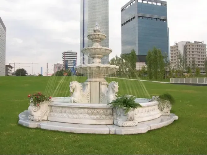 Luxury Sculpted Baroque Water Fountain with Tiered Bowls and Horse Motif Base - Baroque Fountain Lifestyle View by Luxury Group International