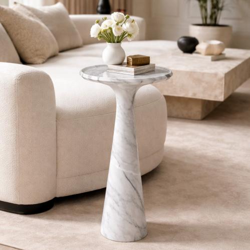 Luxury Sculpted Pedestal White Marble Side Table for Living Room by Luxury Group International