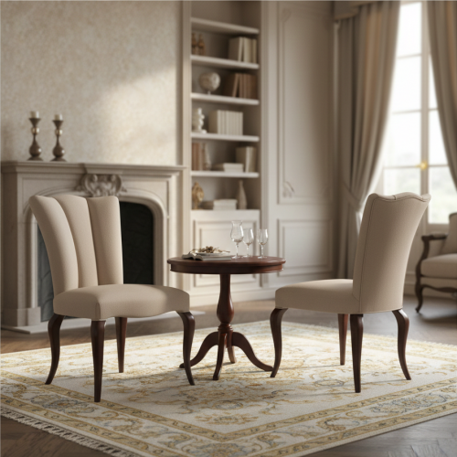 Luxury Sculpted Wingback Upholstered Dining Chair in Champagne Beige with Dark Walnut Cabriole Legs by Luxury Group International