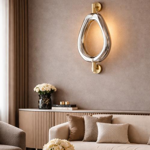Luxury Sculptural Designer Chrome Ring Wall Lamp with Gold Finish Mounting by Luxury Group International