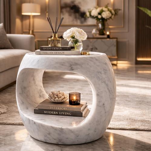 Luxury Sculptural Honed White Solid Marble Side Table with Middle Open Storage Design by Luxury Group International