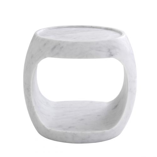Luxury Sculptural Honed White Solid Marble Side Table with Middle Open Storage Design by Luxury Group International