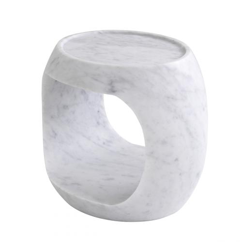 Luxury Sculptural Honed White Solid Marble Side Table with Middle Open Storage Design by Luxury Group International