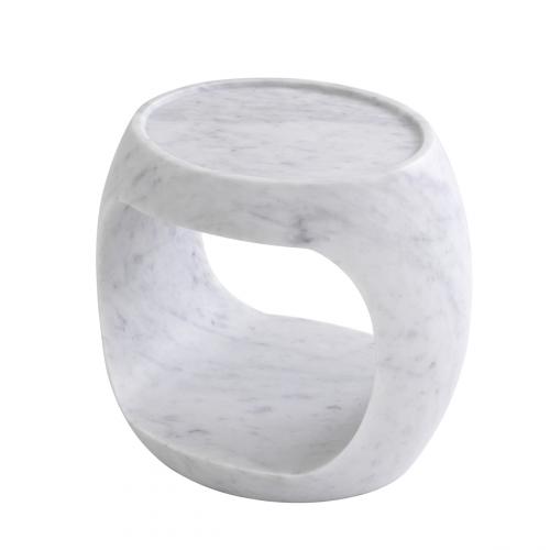 Luxury Sculptural Honed White Solid Marble Side Table with Middle Open Storage Design by Luxury Group International
