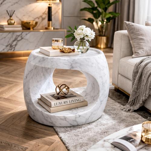 Luxury Sculptural Honed White Solid Marble Side Table with Middle Open Storage Design by Luxury Group International