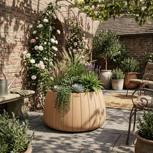 Luxuriöser Skulpturaler Runder Pflanzkübel in Naturbelassenem Teak-Finish - Ø 70 cm Lifestyle-Ansicht von Luxury Group International