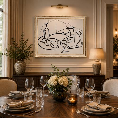 Black & White Luxury Seafood Still Life Modern Wall Art with Contemporary Line Illustration by Luxury Group International