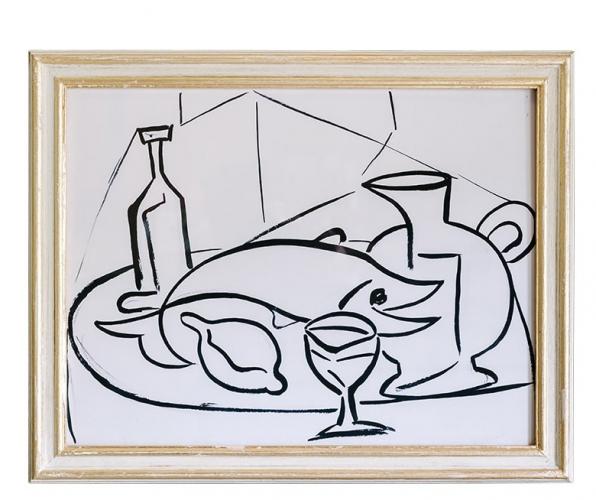 Black & White Luxury Seafood Still Life Modern Wall Art with Contemporary Line Illustration by Luxury Group International