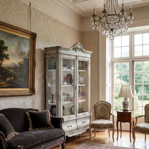 Luxury Silver Baroque Double Door Glass Display Cabinet with Sculpted Crest & Curved Storage Base Lifestyle View by Luxury Group International