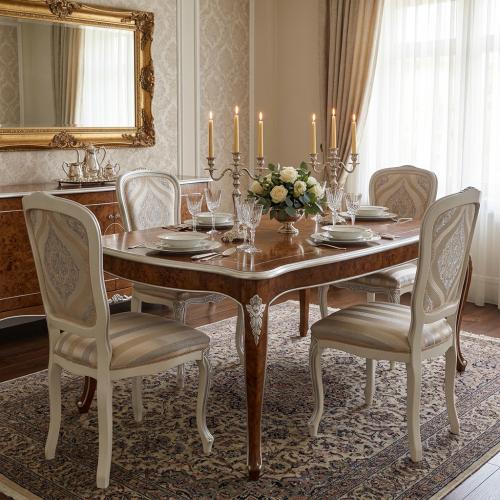 Luxury Silver Baroque Upholstered Dining Chair with Damask Pattern Ornamental Backrest Lifestyle View by Luxury Group International