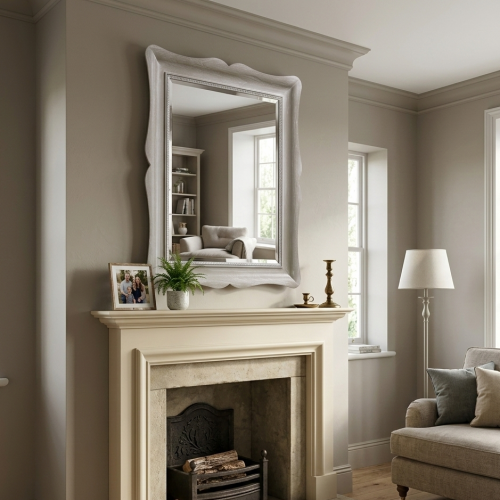 Luxury Silver Baroque Wall Mirror with Curved Scalloped Frame and Beaded Inner Border Lifestyle View by Luxury Group International