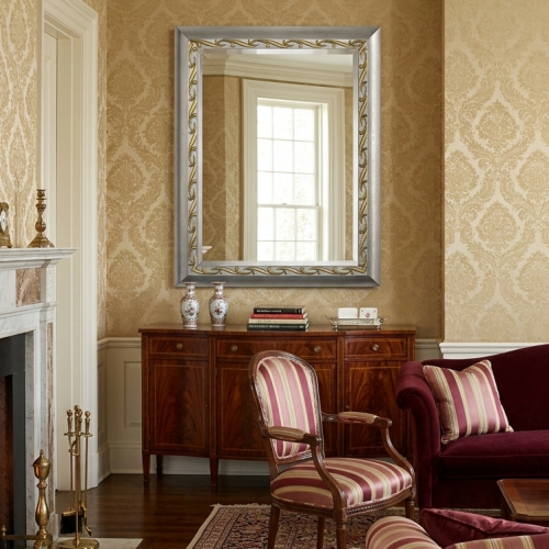 Luxury Silver Baroque Wall Mirror with Gold Ornate Carved Leaf Scrolls and Decorative Border Lifestyle View by Luxury Group International