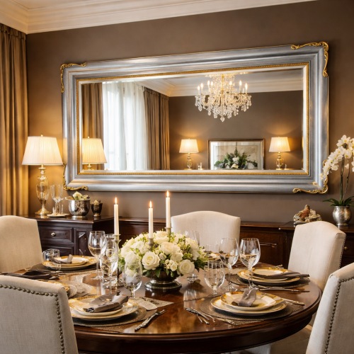Luxus silberner Barock-Wandspiegel mit goldenen, skulptierten Eckverzierungen und vergoldetem innerem Rand - 185 CM von Luxury Group International