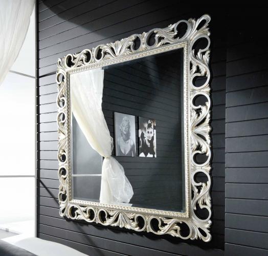Luxury Silver Baroque Wall Mirror with Open Scroll Leaf Frame and Ornate Crest Detailing - Baroque Mirror Front View by Luxury Group International
