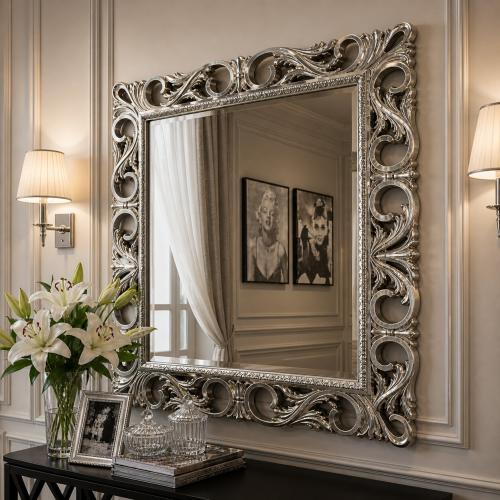 Luxury Silver Baroque Wall Mirror with Open Scroll Leaf Frame and Ornate Crest Detailing - Baroque Mirror Lifestyle View by Luxury Group International