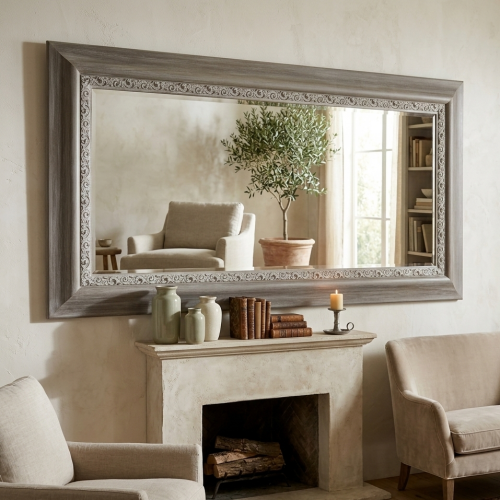 Luxury Silver Baroque Wall Mirror with Ornamental Carved Scrolls in Inner Frame - 191 CM Lifestyle View by Luxury Group International