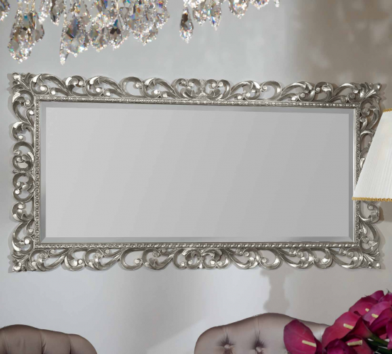 Luxury Silver Baroque Wall Mirror with Ornamental Open-Scroll Frame and Beaded Inner Trim – 185 CM by Luxury Group