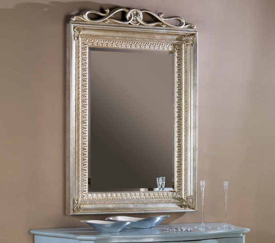 Luxury Silver Baroque Wall Mirror with Ornate Ribbon Crest Crown and Sculpted Leaf Corners – 135 CM by Luxury Group International