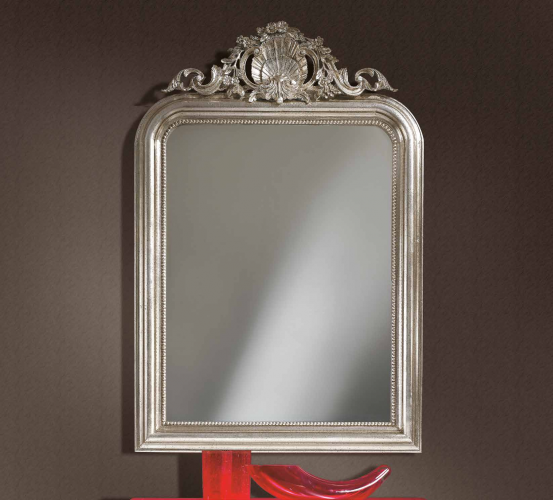 Luxury Silver Baroque Wall Mirror with Ornate Shell Crown and Rounded Corners with Pearled Beaded Frame by Luxury Group International