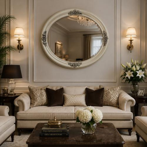 Luxury Silver Baroque Wall Mirror with Rose Floral Appliqués - Baroque Mirror Lifestyle View by Luxury Group International