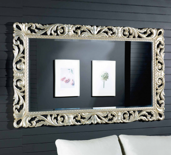 Luxury Silver Baroque Wall Mirror with Scroll-and-Leaf Carving and Framed Inner Trim – 192 CM by Luxury Group International