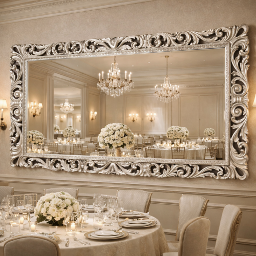 Luxury Silver Baroque Wall Mirror with Scroll-and-Leaf Carving and Framed Inner Trim – 192 CM by Luxury Group International