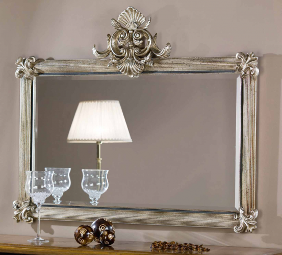 Luxury Silver Baroque Wall Mirror with Sculpted Crown Top and Leaf Corners in Ribbed Frame – 140 CM by Luxury Group International