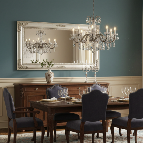 Luxus silberner Barock-Wandspiegel mit skulptierten Blattecken und zentralem ornamentalen Wappen-Detail – 187 CM von Luxury Group International