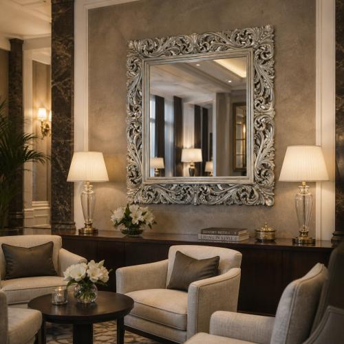 Luxury Silver Baroque Wall Mirror with Sculpted Open Leaf Frame and Layered Inner Border - Baroque Mirror Lifestyle View by Luxury Group International