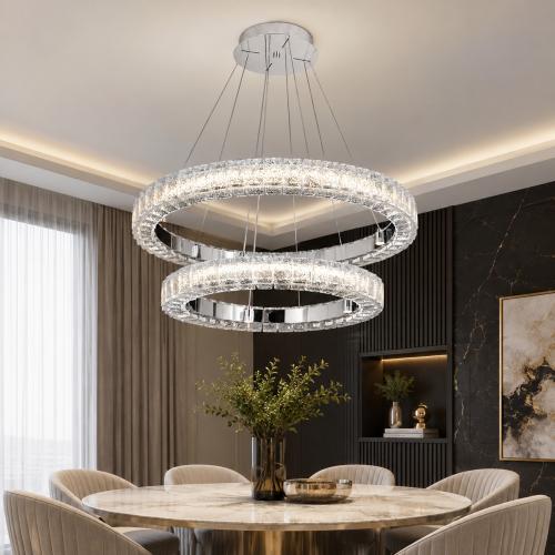 Luxus Silber Doppel-Halo Kristallring Kronleuchter mit gestuftem LED-Runddesign von Luxury Group International