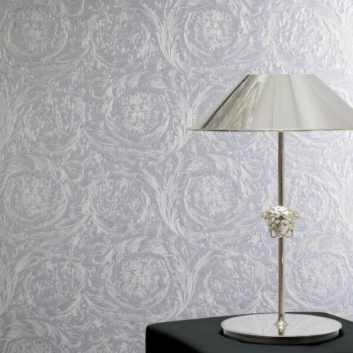 Versace Silver/Grey Glossy Floral Pattern Baroque Non-Woven Wallpaper by Luxury Group International
