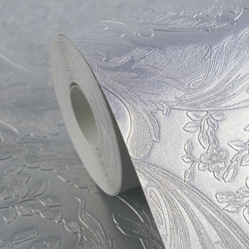 Versace Silver/Grey Glossy Floral Pattern Baroque Non-Woven Wallpaper by Luxury Group International