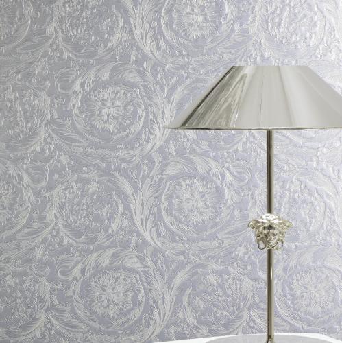 Versace Silver/Grey Glossy Floral Pattern Baroque Non-Woven Wallpaper by Luxury Group International