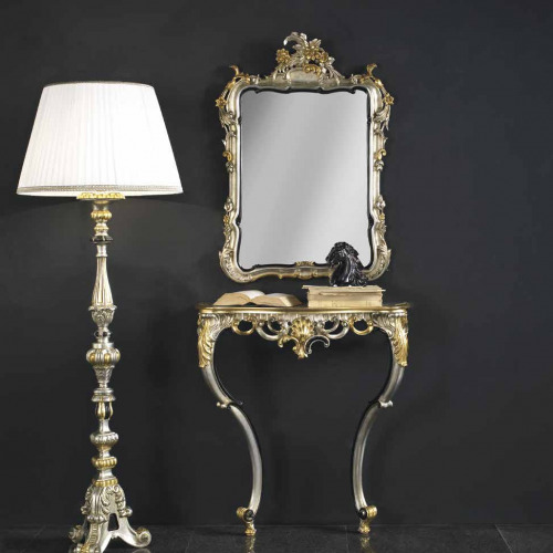 Luxury Silver & Gold Leaf Baroque Mirror Console Set with Floral Crown & Pierced Scroll Apron - Baroque Furniture Front View by Luxury Group International