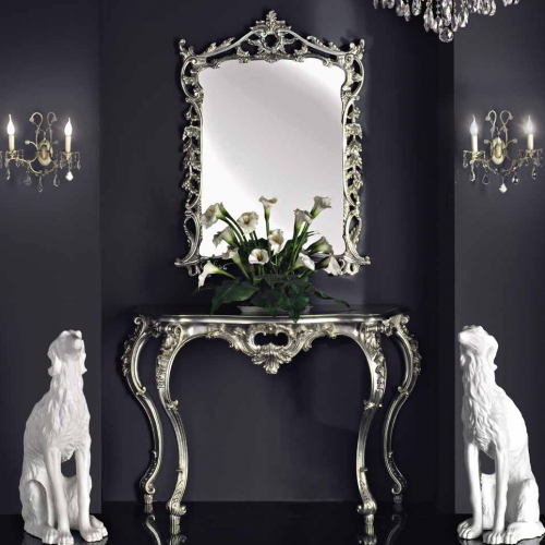 Luxury Silver Leaf Baroque Mirror & Console Set with Ornate Acanthus Scrollwork - Baroque Furniture Front View by Luxury Group International