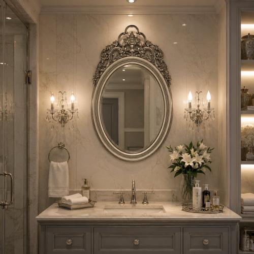 Luxury Silver Oval Baroque Wall Mirror with Floral Crest & Ornamental Crown - Baroque Mirror Lifestyle View by Luxury Group International