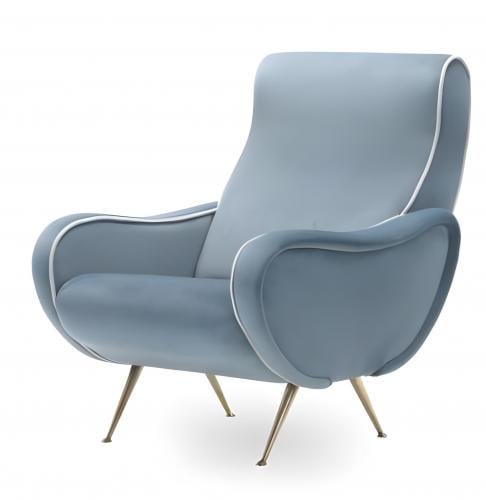 Luxuriöser himmelblauer gepolsterter Sessel mit geschwungener Rückenlehne und Beinen aus Messing von Luxury Group