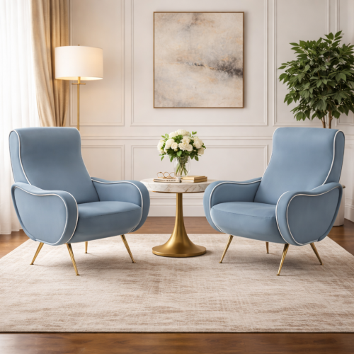 Luxus himmelblauer gepolsterter Sessel mit geschwungener Rückenlehne und Beinen aus Messing von Luxury Group International