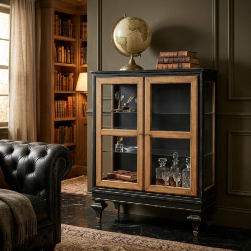 Luxury Small Black Baroque Display Cabinet with Two Glass Doors in Wooden Frame - Baroque Furniture Lifestyle View by Luxury Group International